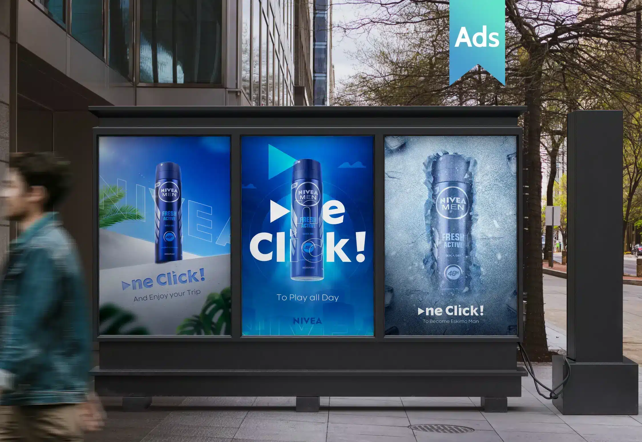 NIVEA One Click, Totally Dry, Fresh Active! This Campaign is 3-key Visuals, each Focuses on a Different Directions, Reflect Various Persona Situation.